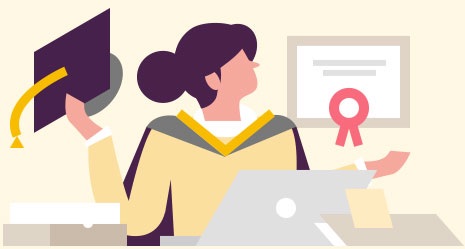 Illustration of a woman with a mortar board for e-learning